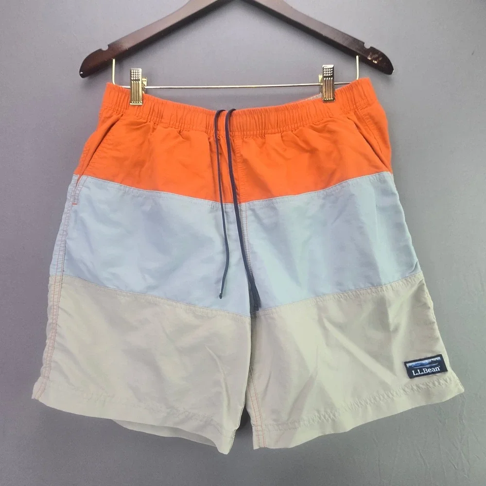 LL Bean Swim Trunks Supplex Nylon Colorblock M Orange Blue Tan Mesh Lined 509470